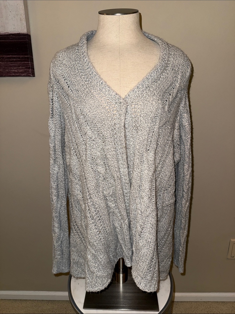 Light Gray Cable-Knit V-Neck Cardigan Sweater